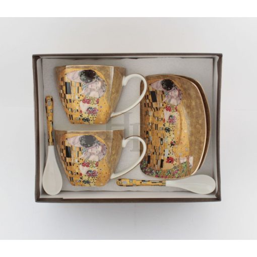KLIMT porcelán TEÁS csésze+alj+kanál, 2 szem., CSÓK mintás /11499/