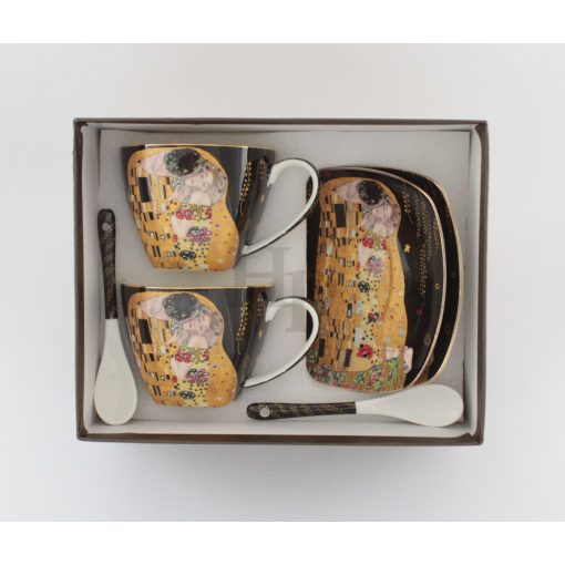 KLIMT porcelán TEÁS csésze+alj+kanál, 2 szem., CSÓK mintás /11598/