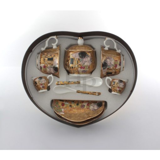 KLIMT porcelán TEÁS csésze+alj+kanál+tejkiöntő+cukortartó, 2 szem., CSÓK mintás /15384/
