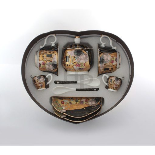 KLIMT porcelán TEÁS csésze+alj+kanál+tejkiöntő+cukortartó, 2 szem., CSÓK mintás /517580/