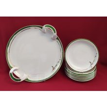 Hollóházi porcelán Holdfény süteményes készlet, Zöld tátika (7 részes) 