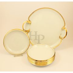   Hollóházi porcelán süteményes készlet, Arany csík  (7 részes)