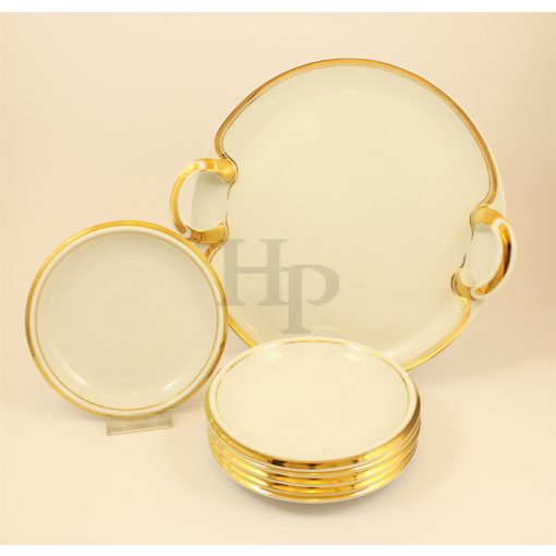 Hollóházi porcelán süteményes készlet, Arany csík  (7 részes)