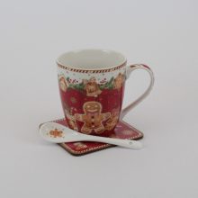 Porcelán bögre 350ml porcelán kanállal, parafa poháralátéttel, dobozban, Fancy Gingerbread, Mézeskalács figura 1045FANG